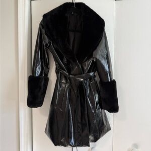 Divided H&M Black Faux Patent Trench Coat with Faux Fur Collar